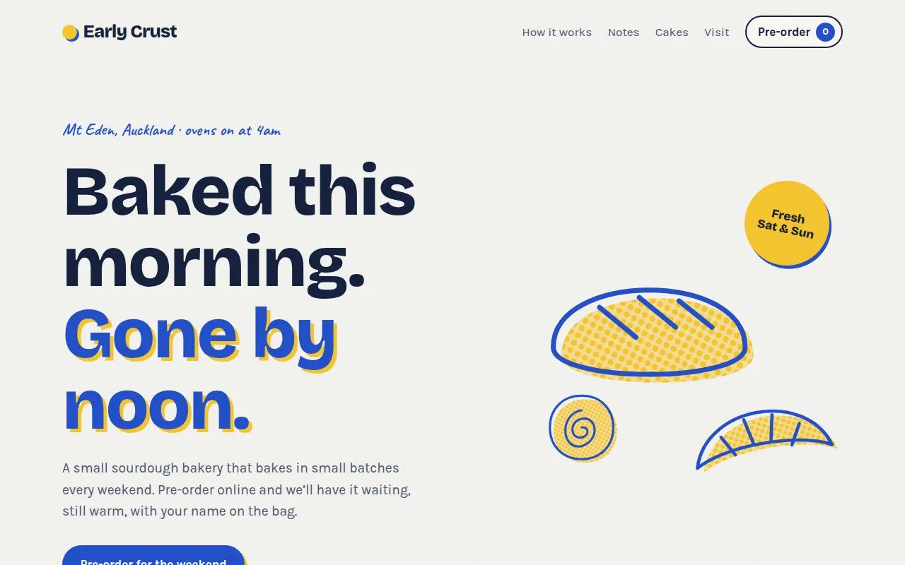 Bakery website in a blue and yellow print style with a weekend pre-order