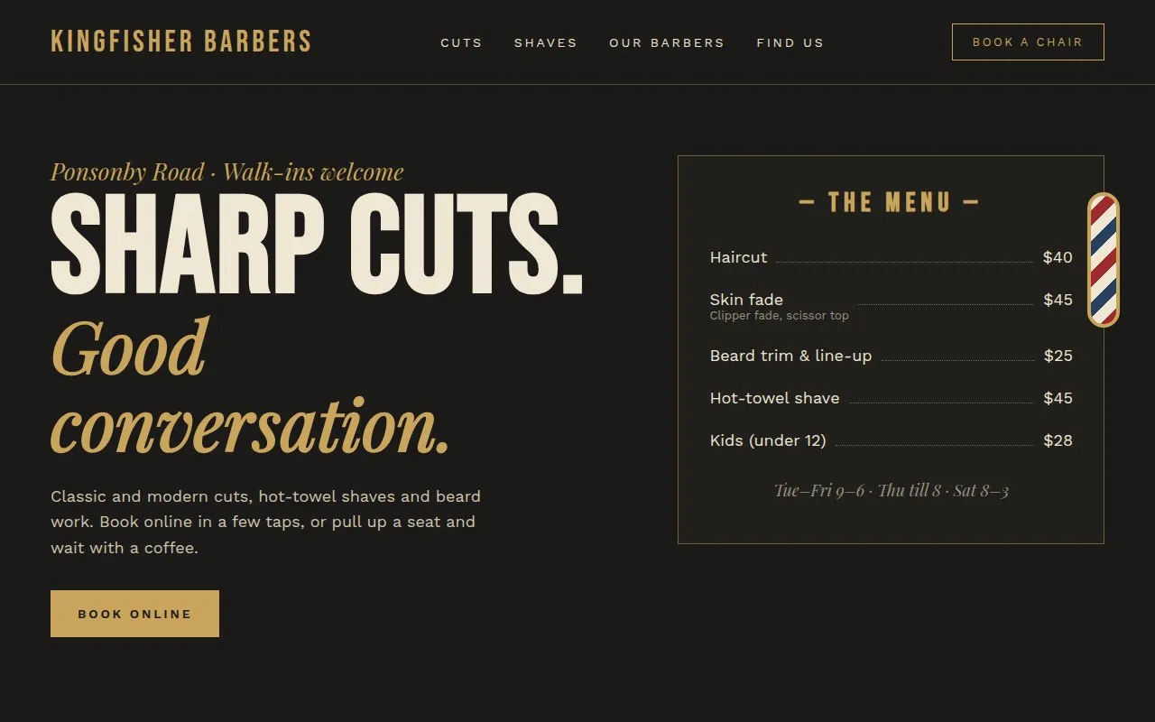 Dark barbershop website with gold lettering, a price list and a barber pole