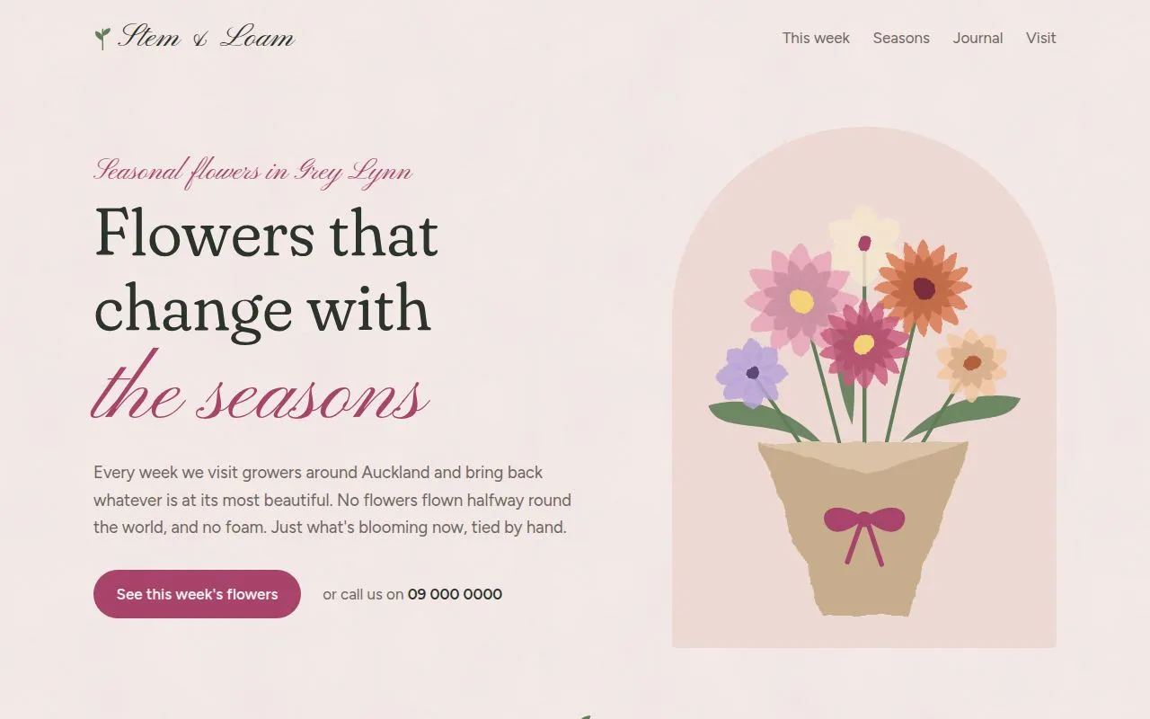 Florist website with a hand-drawn bouquet, script lettering and blush paper texture