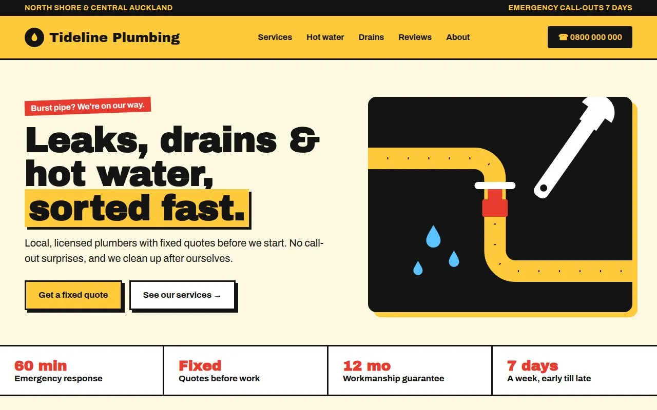 Bold yellow and black plumbing website with a pipe illustration and a big phone number